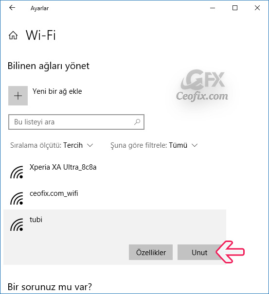 Windows 10'da Bilinen Kablosuz Ağları Kaldır