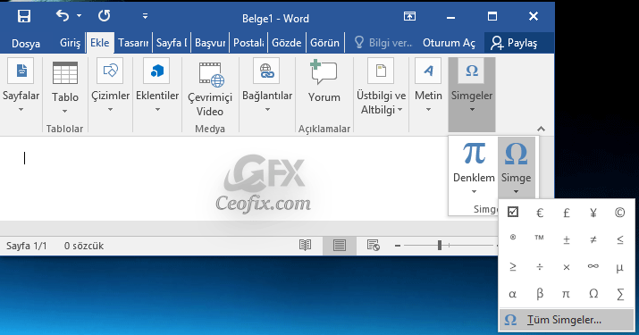 Microsoft Word Belgesinde Sembolleri kullanmak için kısa yol atama