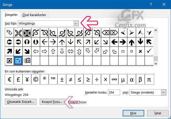 Microsoft Word Belgesinde Sembolleri kullanmak için kısa yol atama