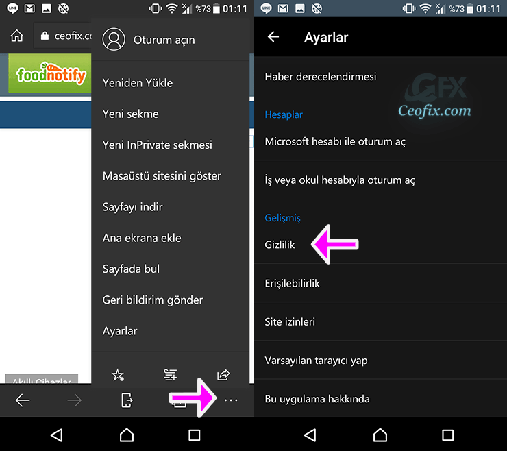 Android telefonda EDGE tarayıcısının geçmişi nasıl temizlenir?
