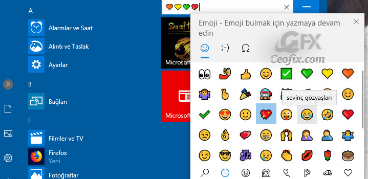 Başlat Menüsünde Emoji Kullan