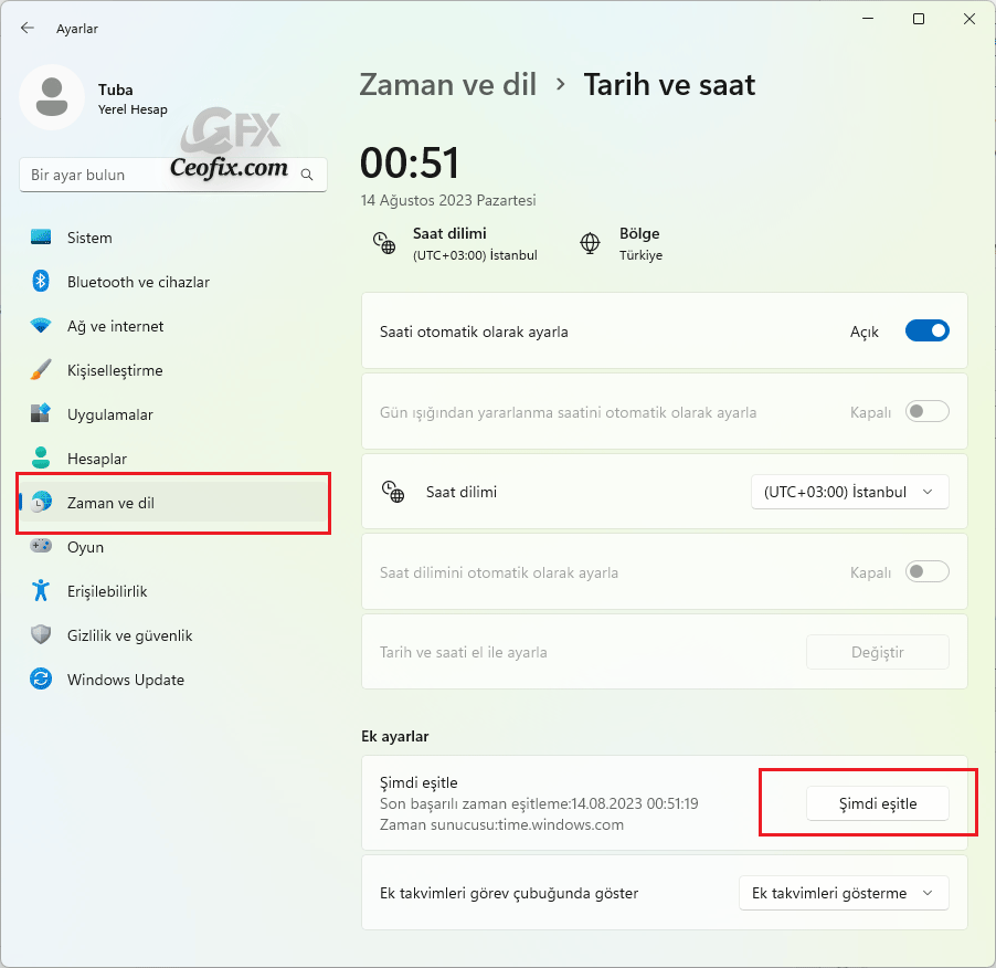 Windows Saat'i Sunucu'daki saat ile Eşitleme'nin Yolu