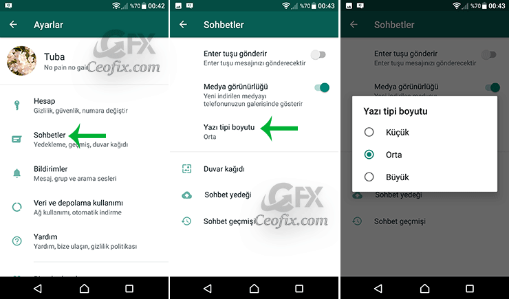 Whatsapp'da Sohbet'de Yazı Boyutunu Büyüt Yada Küçült