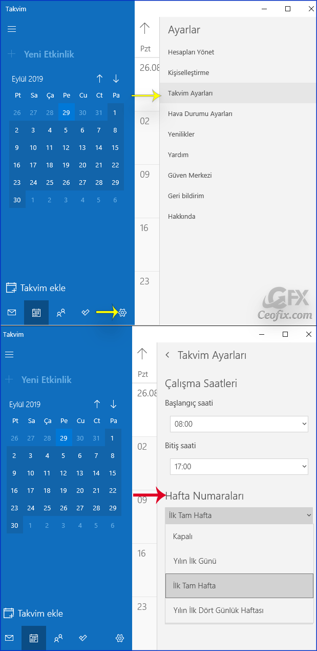 Windows 10 Takvim'de Hafta Sayılarını Göster yada Gizle