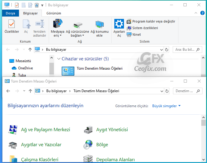 Windows 10'da Dosya Gezginine Denetim Masası Bağlantısı Ekle