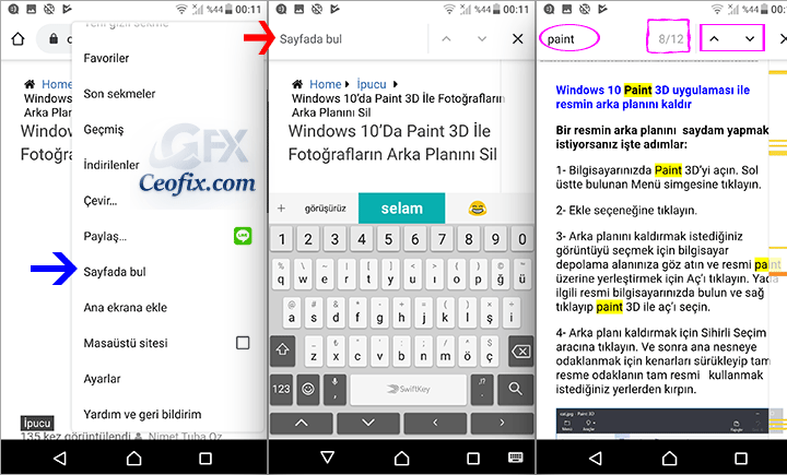 Android'de Mobil Web Sayfasında Belirli Kelimeleri Bulun