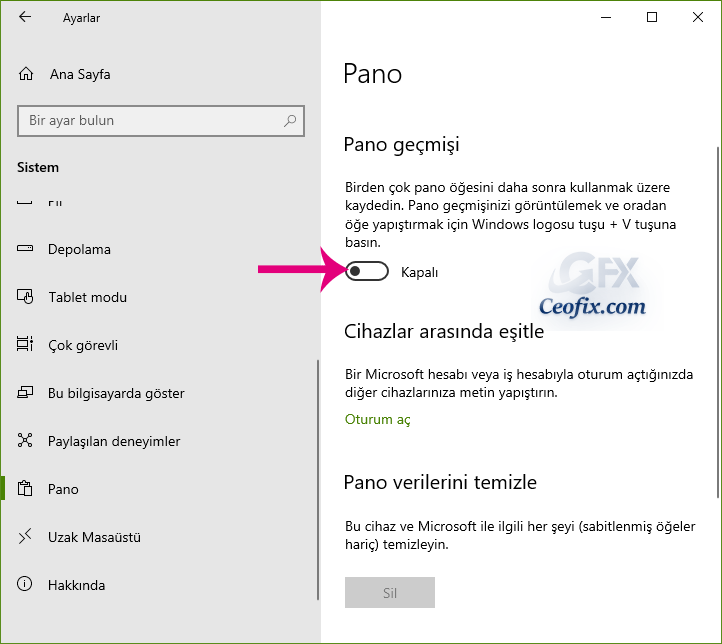 Windows 10'da Pano Geçmişini Temizleme