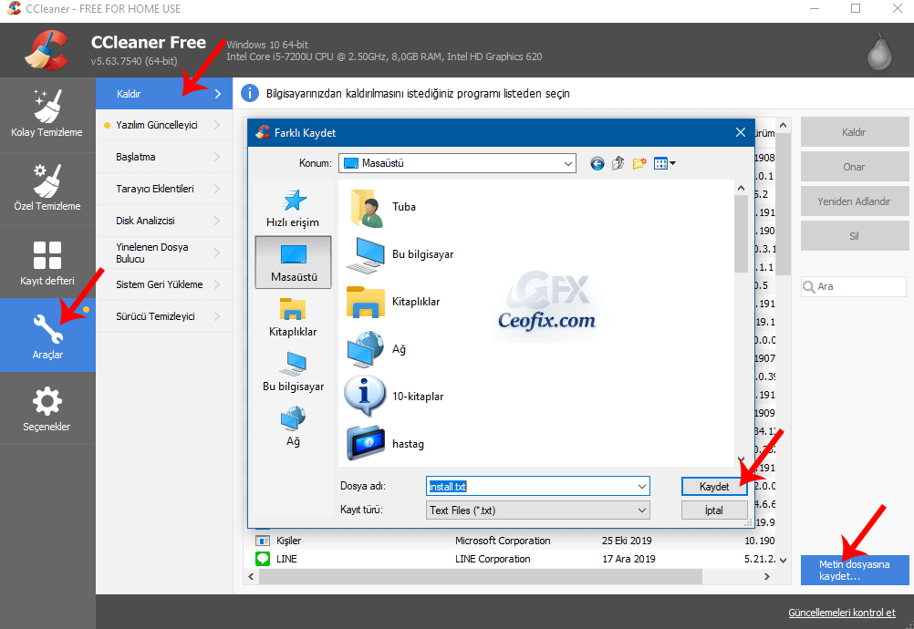 CCleaner kullanarak yüklü programların bir listesini oluşturun