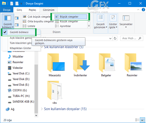 Dosya Gezgininde Gezinti Bölmesi Nasıl Gizlenir