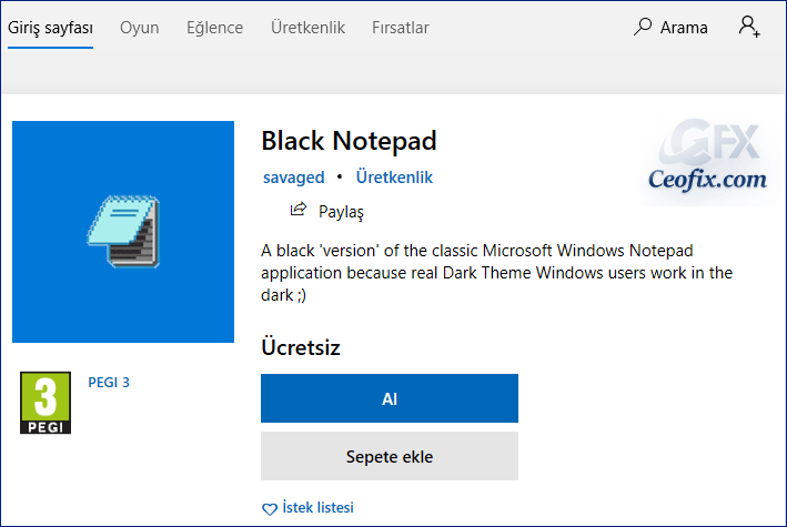 Windows 10 için Siyah Not Defteri Uygulaması