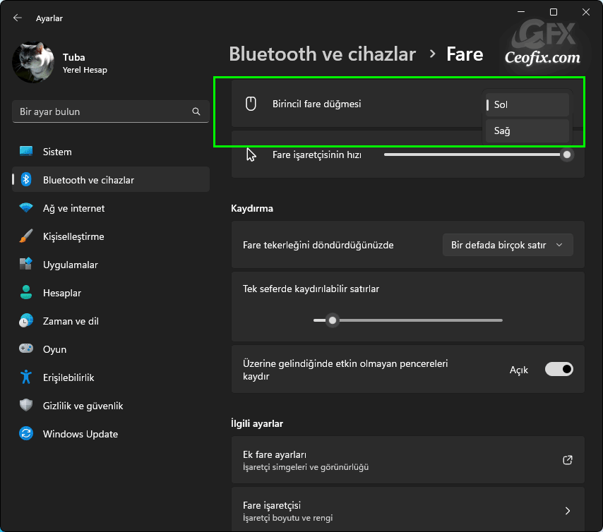  Windows 11'de sol ve sağ fare düğmelerini değiştirme: