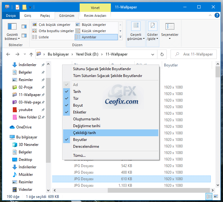 Windows 10 Dosya Gezgini'nde Tüm Klasörlere Sütun Ekleme