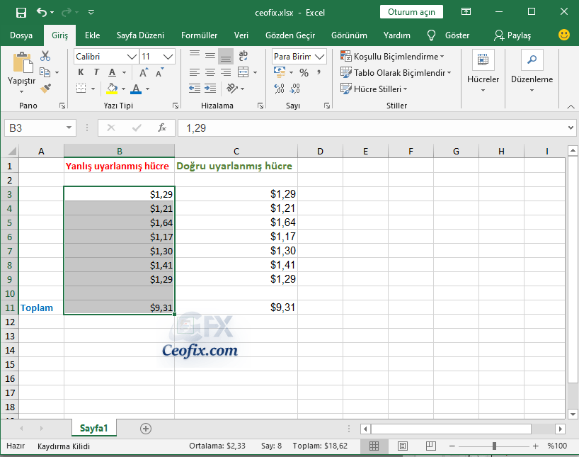 excel para birimi simgesi ile toplama islemi