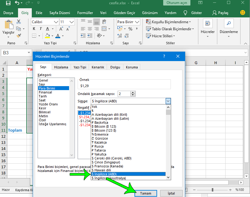 Excel para birimi simgesi