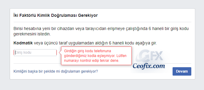 facebook iki faktörlü doğrulama kodlar esşleşmiyor