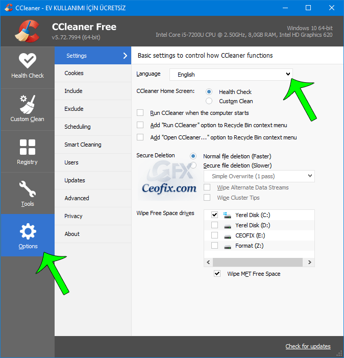 CCleaner'ı kurduktan sonra dil nasıl değiştirilir