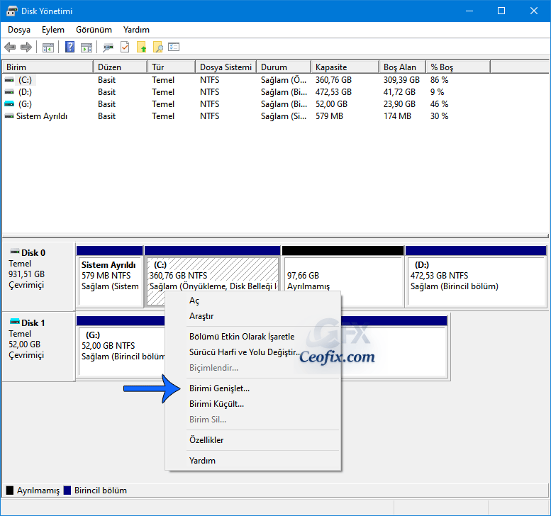 Windows 10'da Ayrılmamış Alanla Sistem Bölümünü Genişletin