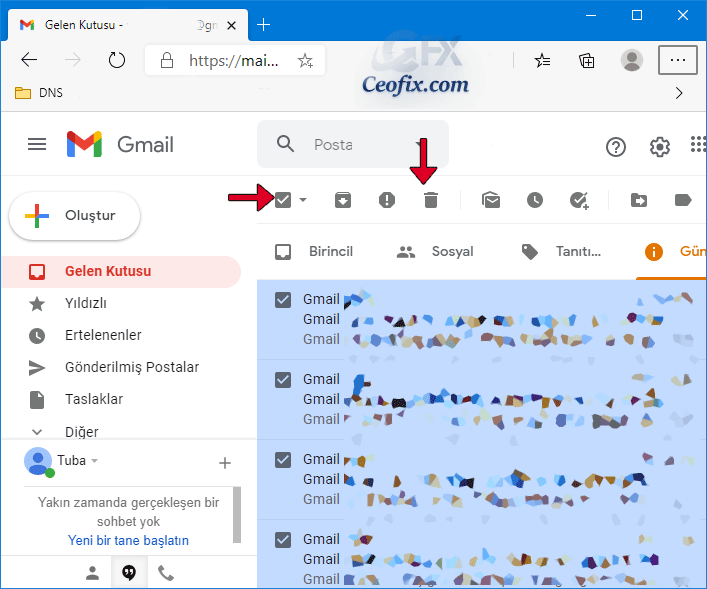 Bir Web Tarayıcısında Gmail'de 50'den fazla e-postayı silin