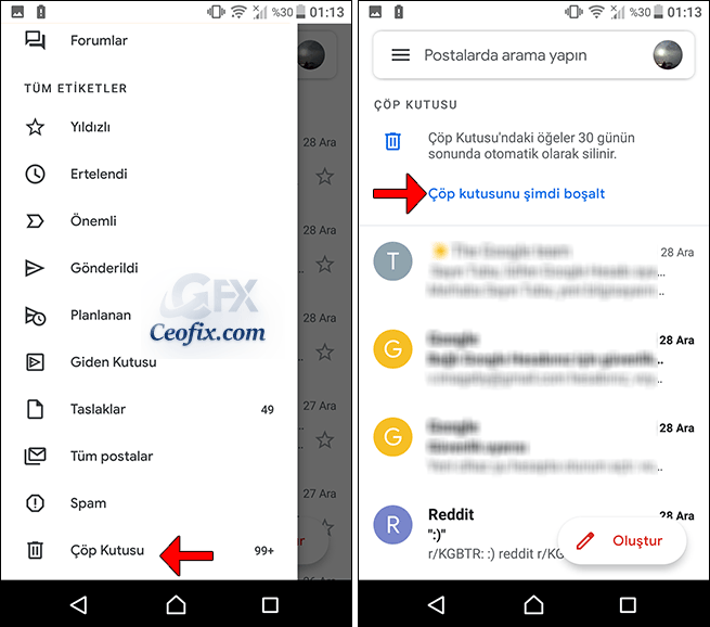 E-postaları Android'de kalıcı olarak silmek için