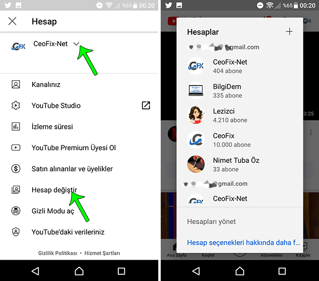 Android telefonda youtube kanalları arasında geçiş yap
