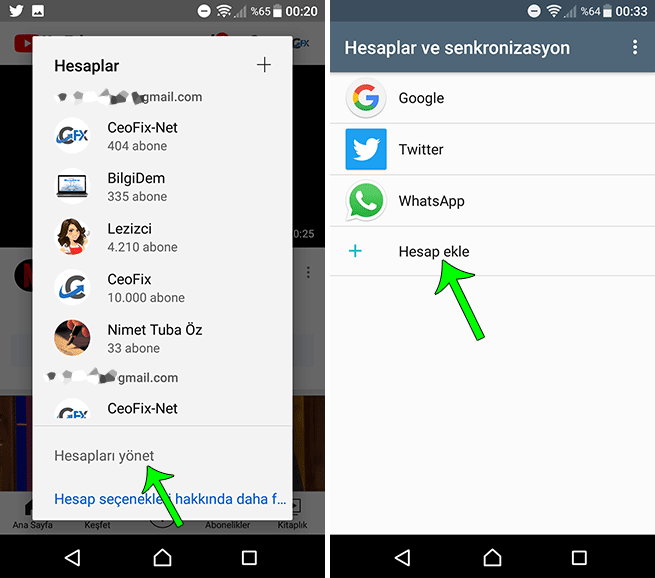 Android Youtube uygulamasına farklı olarak ikincil bir gmail hesabı Nasıl eklenir?