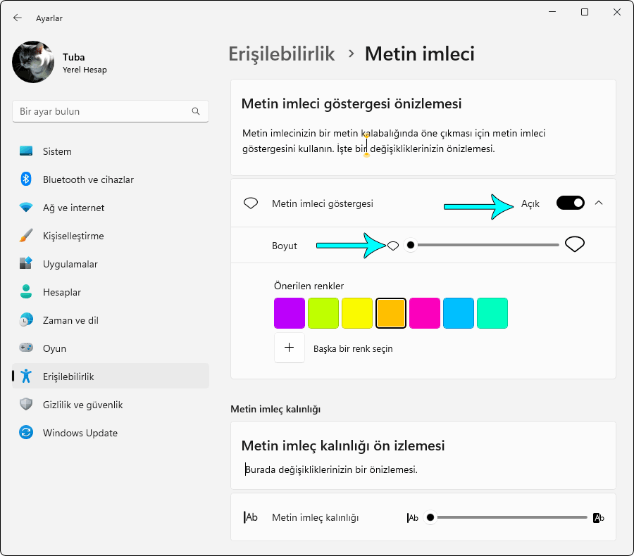 Windows'da Metin imleci rengi ve boyutu nasıl değiştirilir?