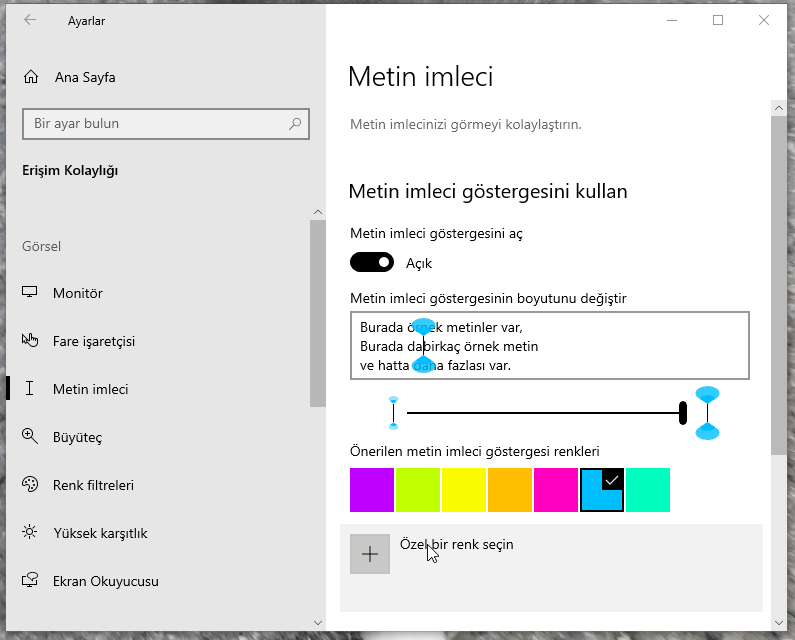 Windows'da Metin İmleci Boyutunu Ve Rengini Değiştir