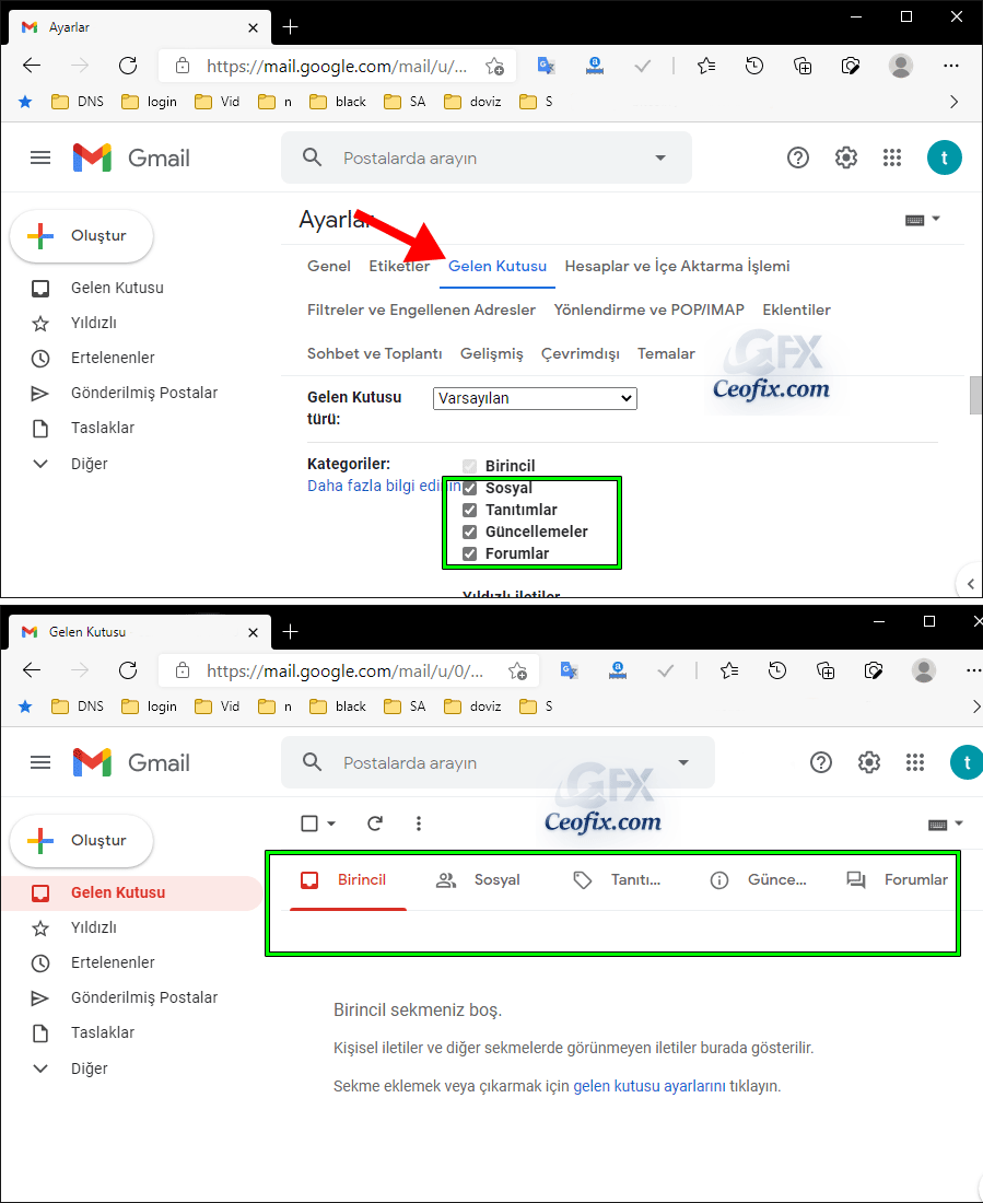 Gmailde sekmeler nasıl ayarlanır?