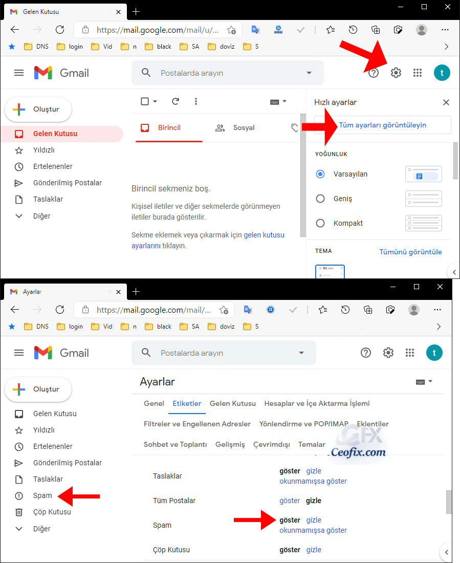 Spam mailler yan menüde nasıl gösterilir