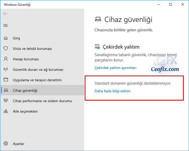 Standart donanım Güvenliği Desteklenmiyor