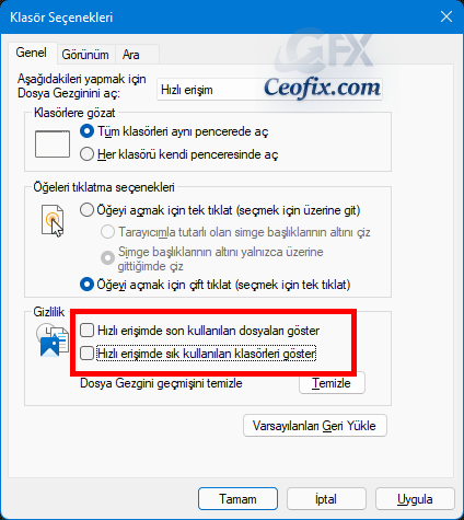 Hızlı erişimde sık kullanılan klasörleri göster