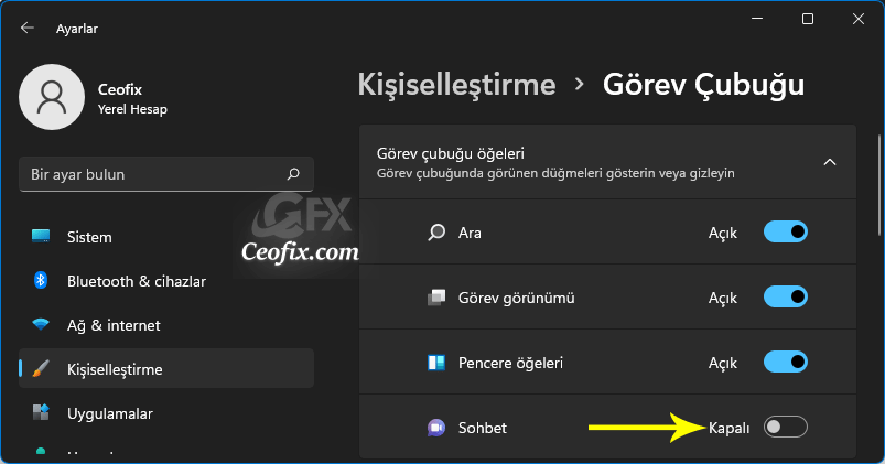görev çubuğunda Teams ikonunu göster - gizle