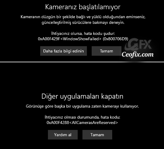 Kameranız Başlatılamıyor-Başka Uygulama Kamerayı Kullanıyor