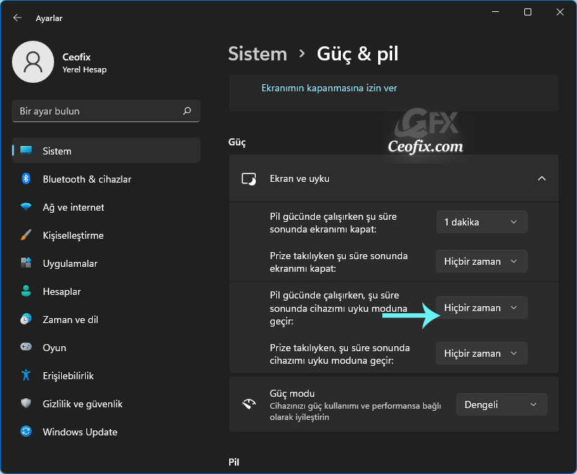 windows 11 Ekran ve uyku ayarları