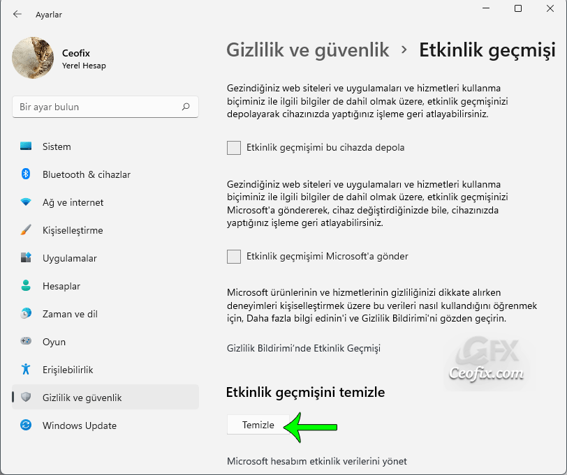 Windows 11 Etkinlik geçmişi Nasıl Temizlenir