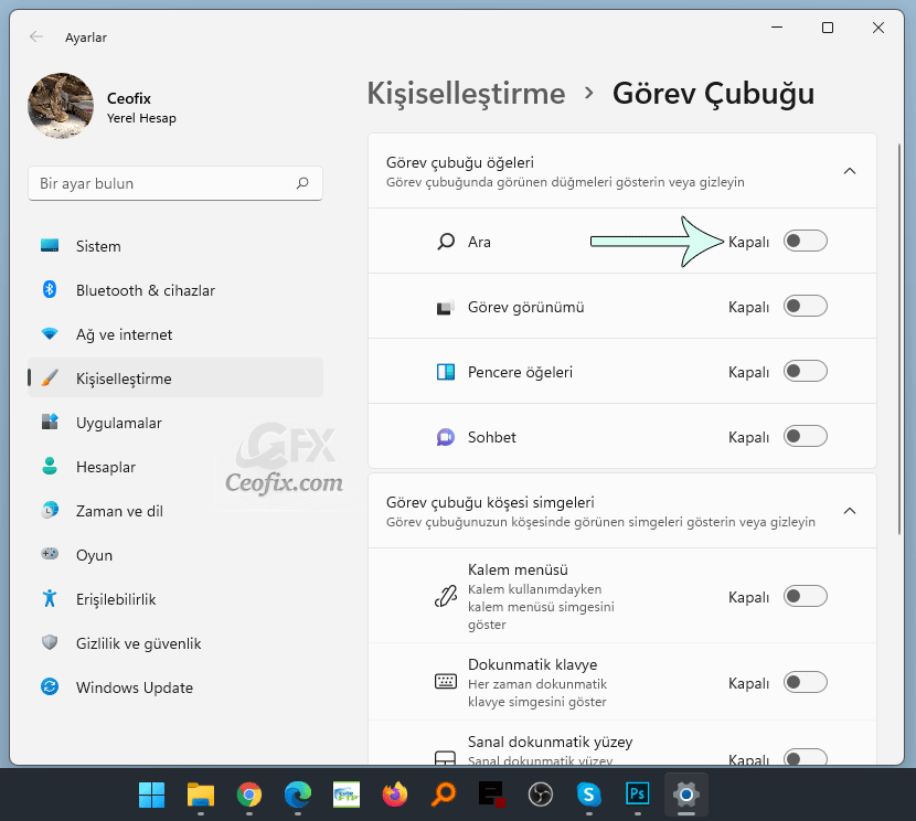 Windows 11'de Görev Çubuğundan arama Simgesi nasıl kaldırılır