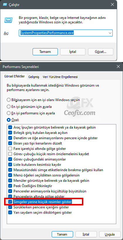 Görsel Efekt Ayarları ile küçük resimleri göster