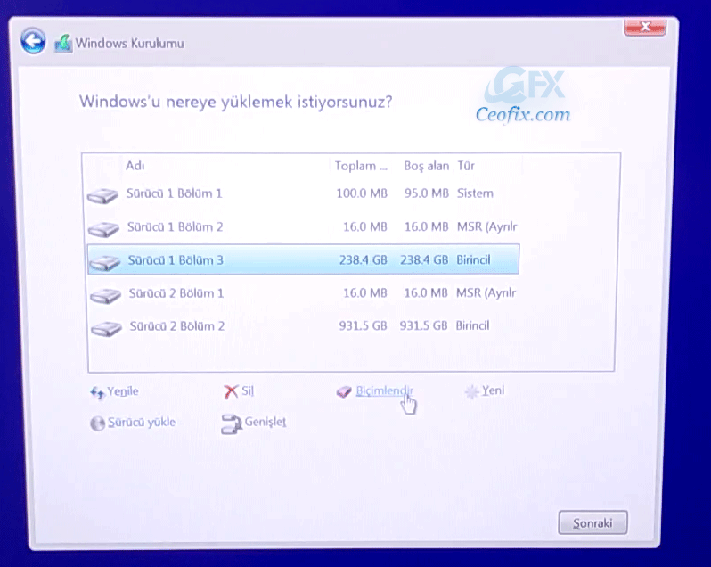 windows disk bölümleri biçimlendir