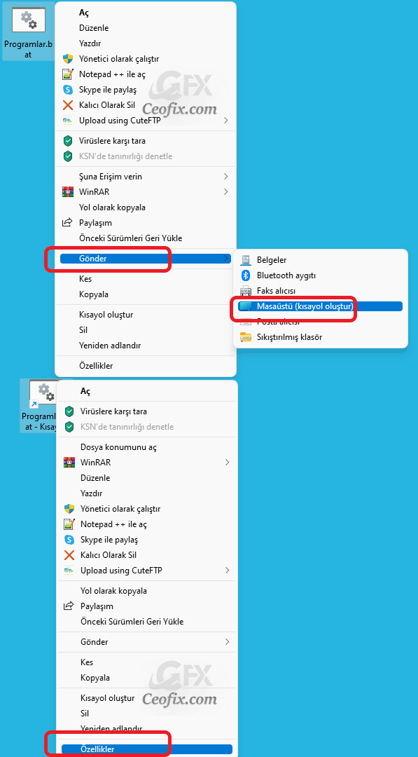 Bat dosyasına Kısayol ve özel simge oluşturun: