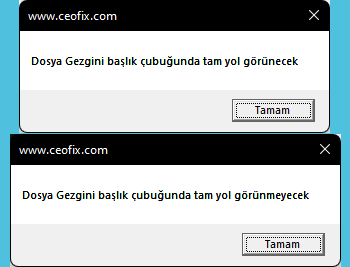 Dosya Gezgini başlık çubuğunda tam yol görünecek