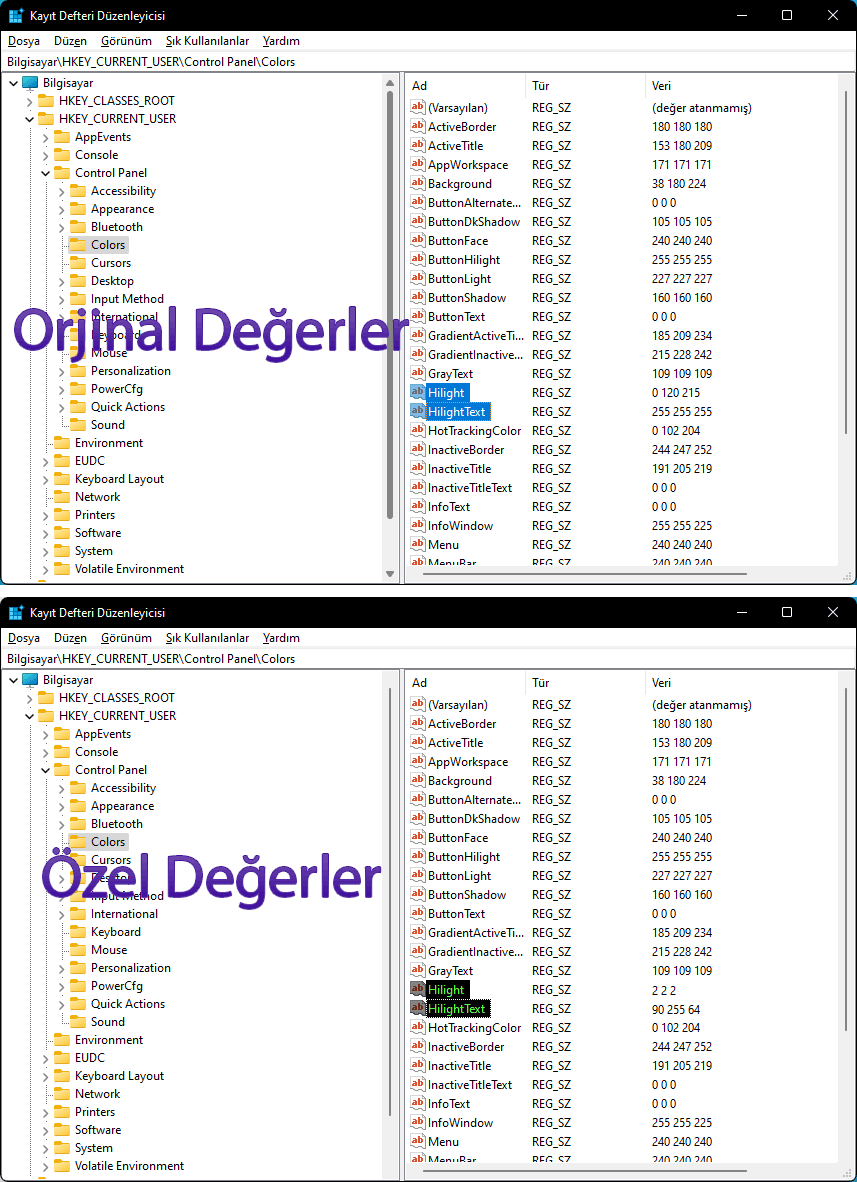 Vurgu rengi ve vugu yazı rengi değiştir