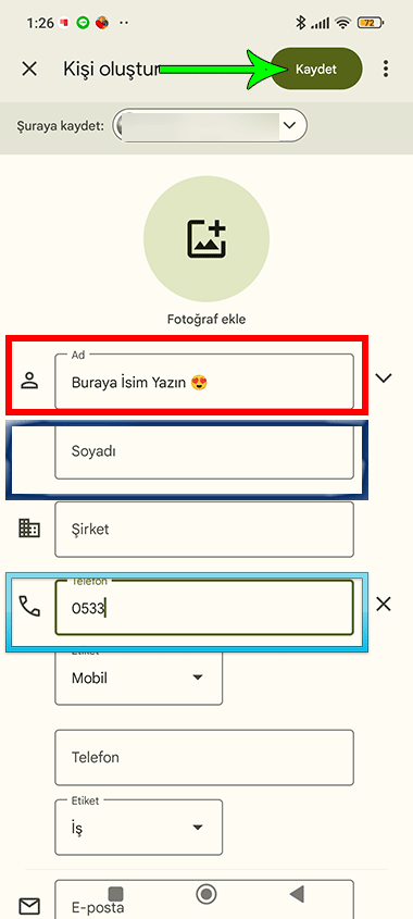 telefon rehberine yeni kişi nasıl eklenir?