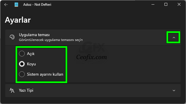 Not Defteri'nde Karanlık Mod