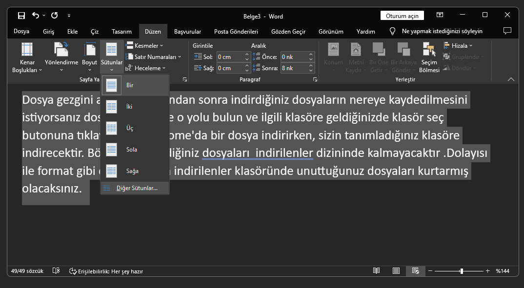 Sütunlar Arasına Çizgi Ekle'yi kullanın