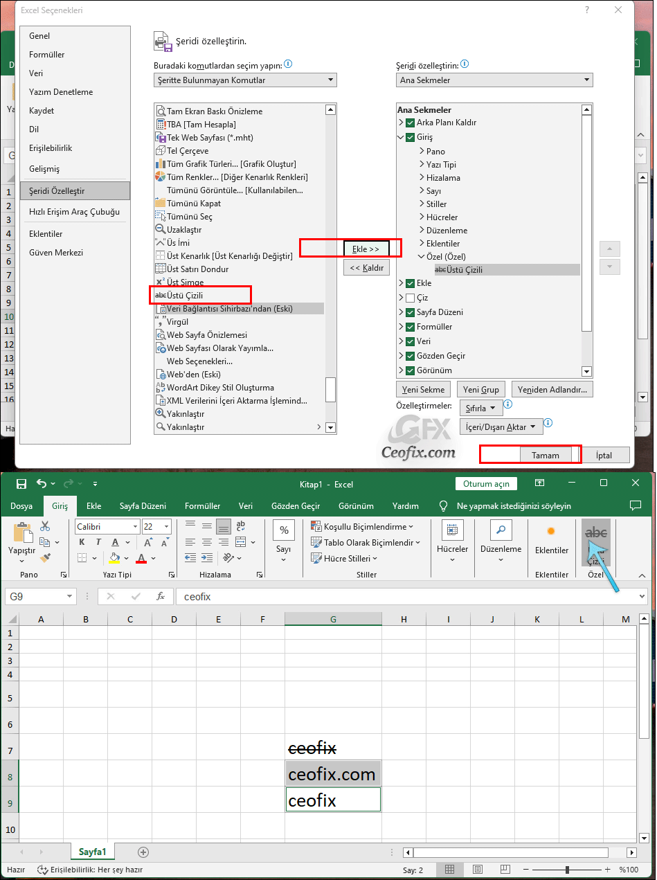 Excel Ustu Cizili Yazi