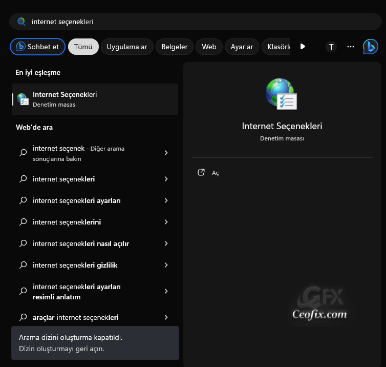 Başlat menüsü arama kutusu ile internet seçeneklerini aç: