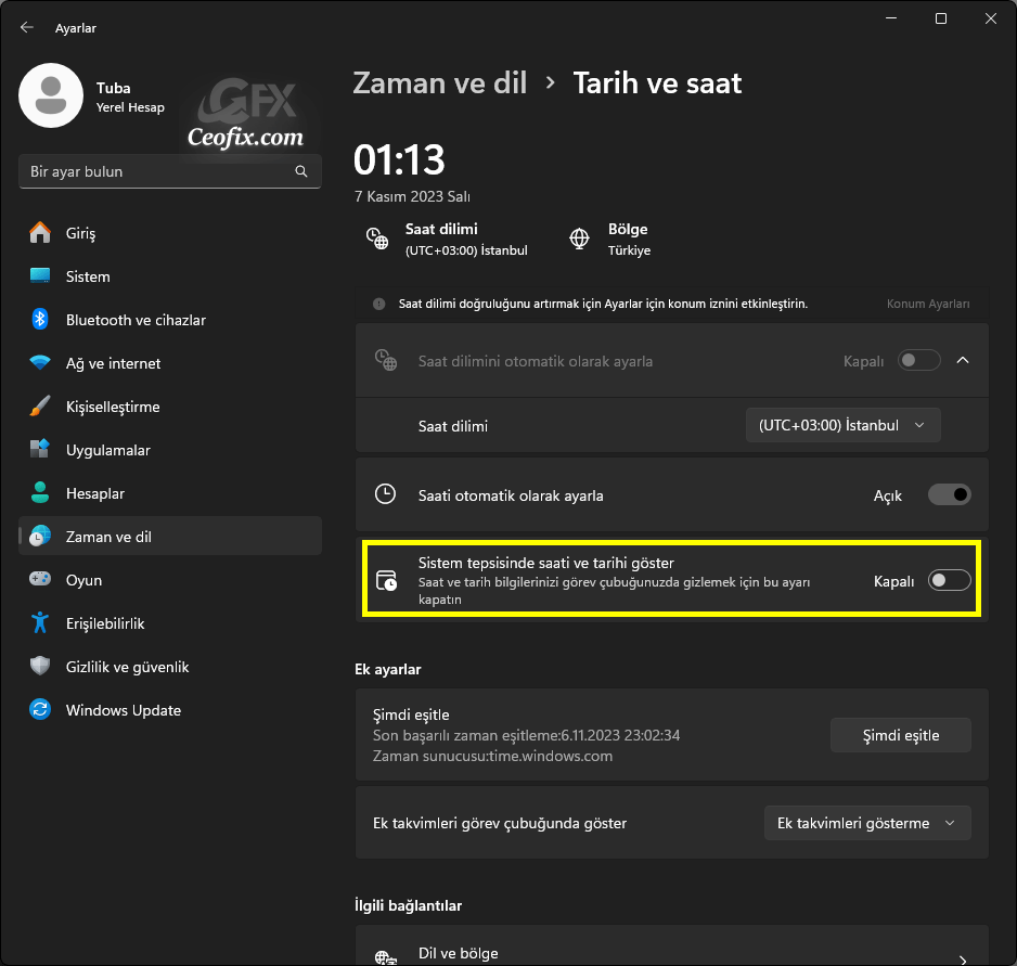 Sistem Tepsisinde Saati Gizle