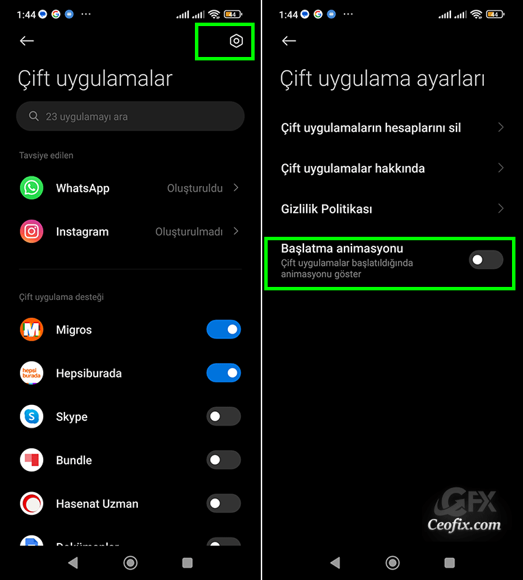 Çift Uygulama animasyonunu gösterme
