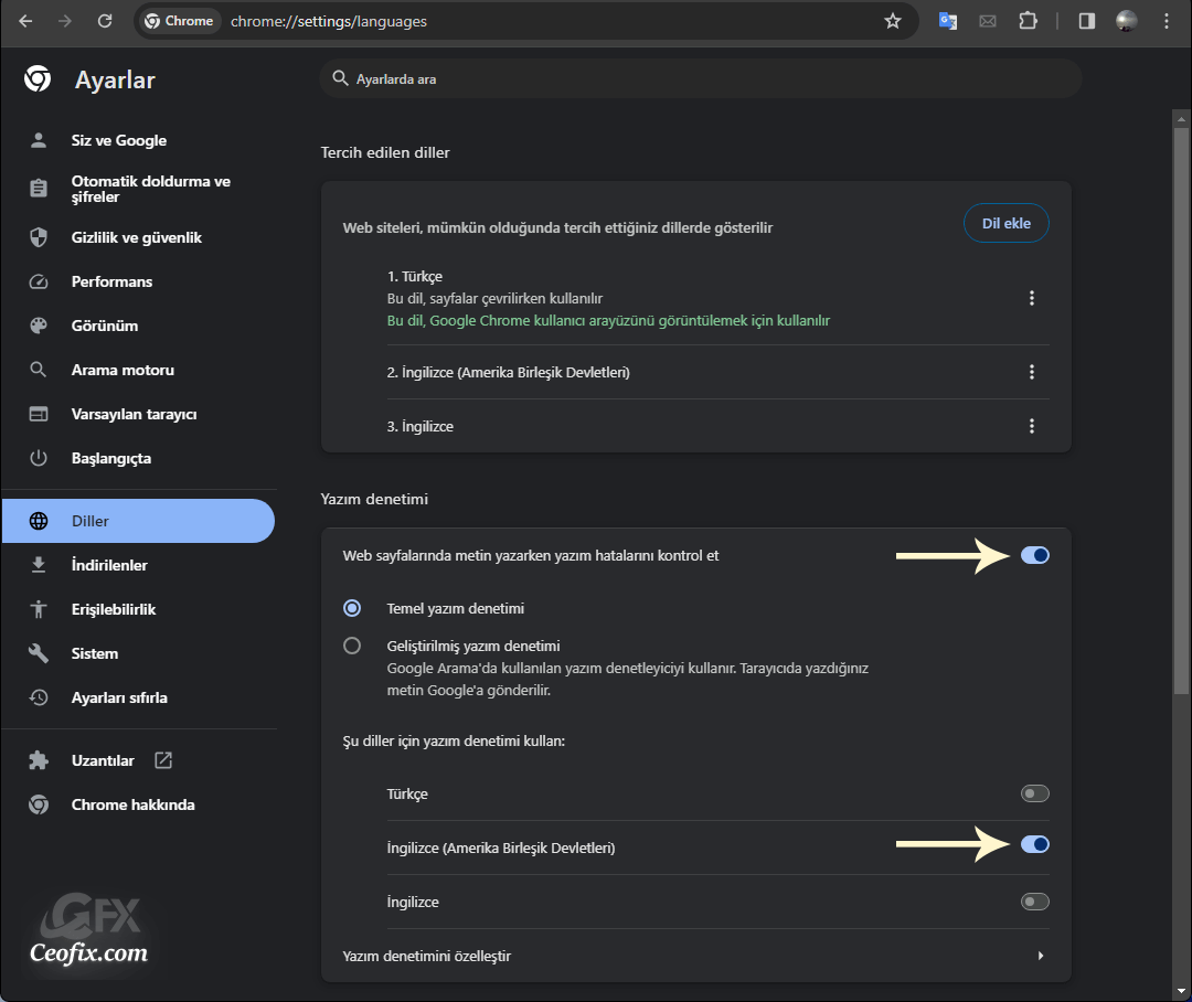 chrome Yazım denetimi