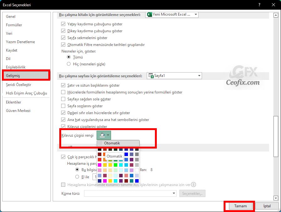 Excel Kılavuz çizgileri için orijinal, varsayılan gri renge dön